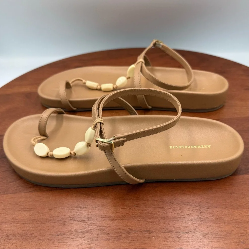 Anthropologie‎ Toe Loop Shell Sandals Tan Leather Ankle Strap Thongs Coastal W 7
